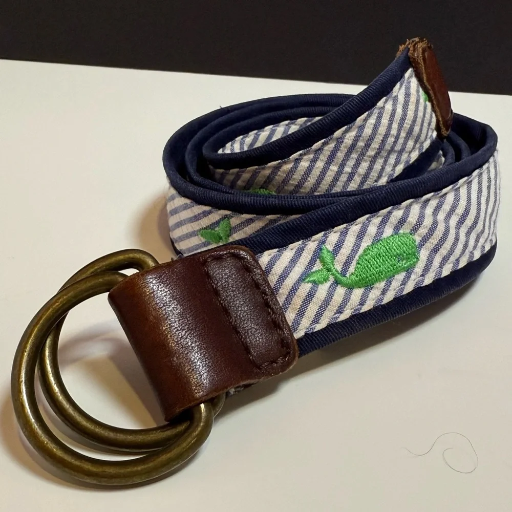 Crewcuts Seersucker and Green Embroidered Whale Striped Belt Kids 33 inches